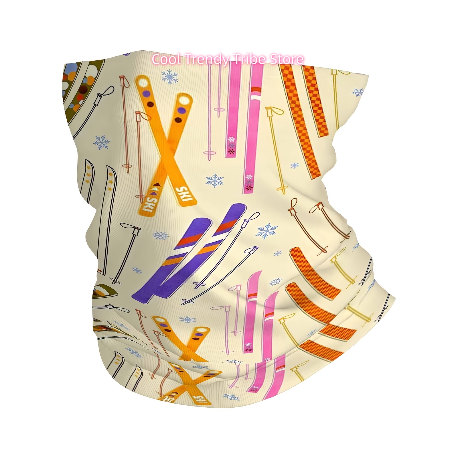 Sports Equipment Background - Wintersportausrüstung, bunte Skier, Schal mit Schneeflocken-Hintergrunddruck,